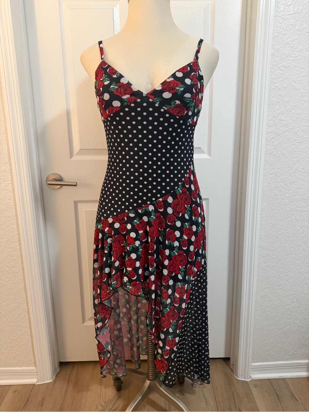NWOT Luv Betsey Betsey Johnson L Black Red Rose Polka Dot Mesh Maxi Dress Y2K